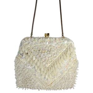 Vintage Cream Beaded Sequin Clutch Handbag Evening Bag Chain Strap Special Event